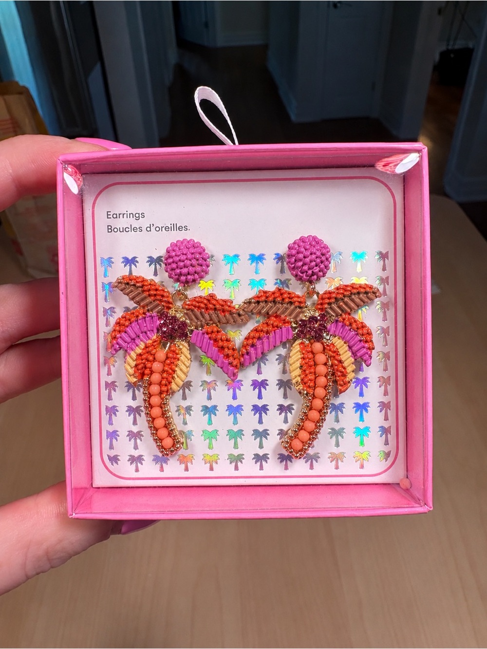 Handcrafted Pink & Orange Beaded Palm Tree Earrings (Brand New in Unopened Box)